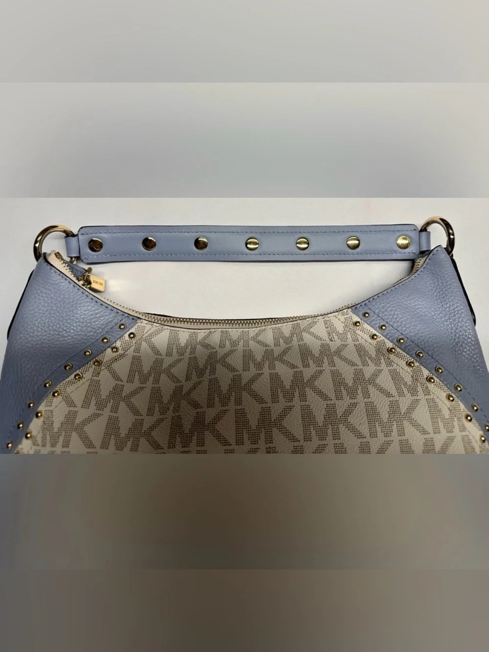 Michael Kors Signature MK Powder Blue Studded Hobo Shoulder Crossbody Bag Purse